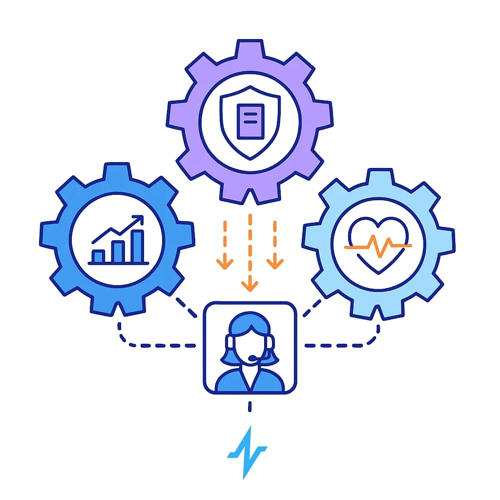 Three gears for adoption, access friction, and adherence risk feeding into a support hub.