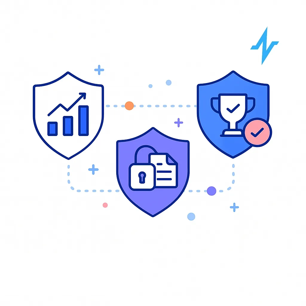 Three shield icons labeled for explainable models, consent lineage, and champion tests, linked by dots.