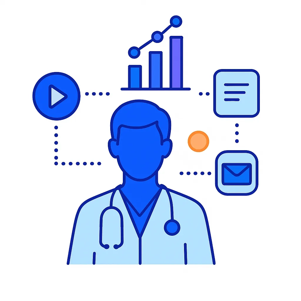 Doctor silhouette with a bar chart and content icons connected by dotted lines indicating channel affinity.