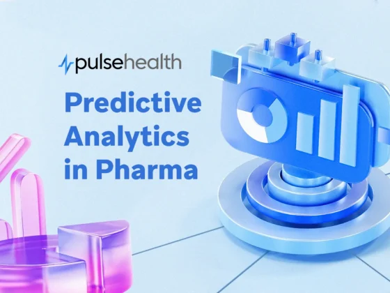 3D blue dashboard with pie and bar charts beside the Pulse Health logo, illustrating predictive analytics in pharma.