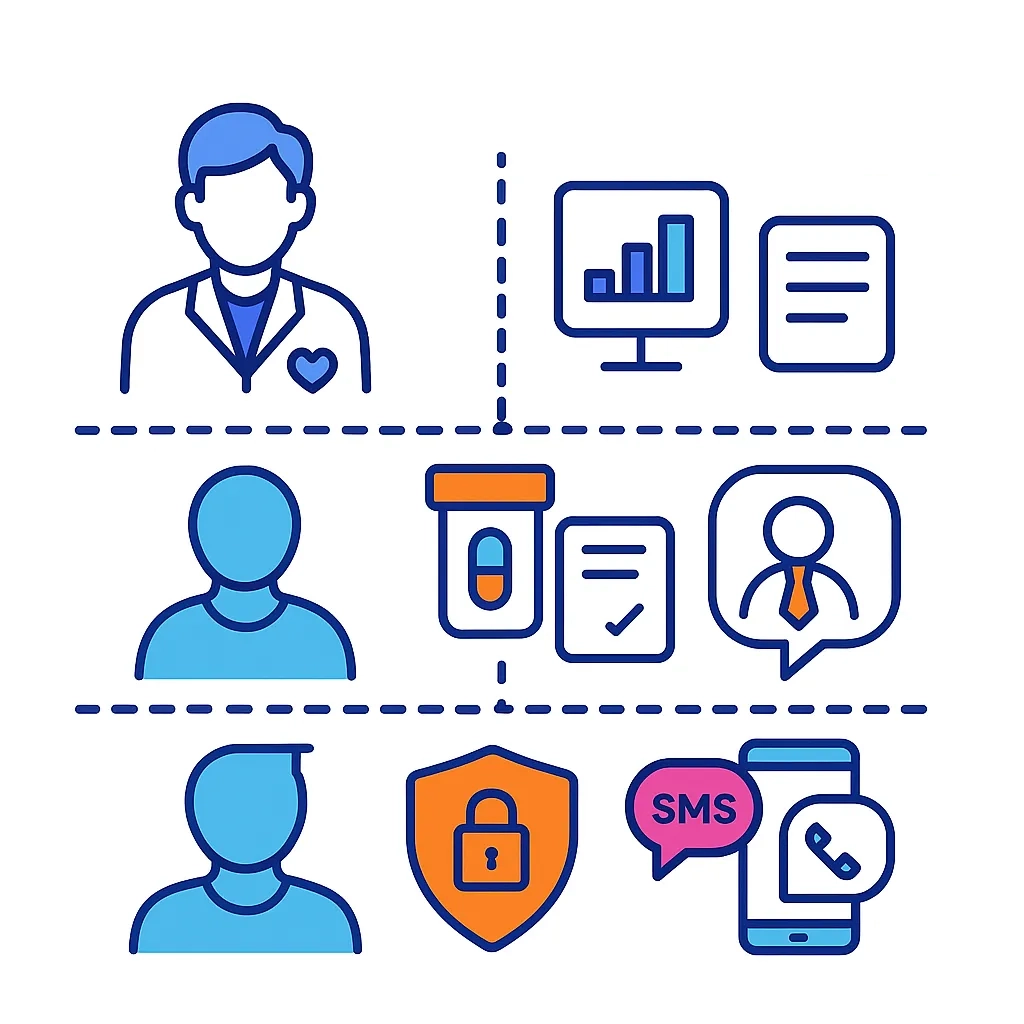 Infographic grid mapping HCP/patient predictions to actions with icons and dotted dividers.