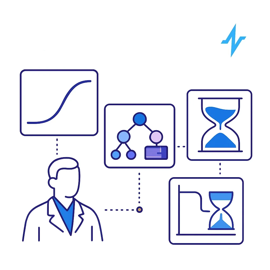 Sequence of icons for logistic regression, decision trees, and survival models linked together.