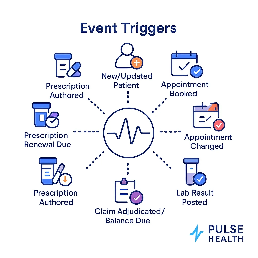 Radial diagram with icons for new patient, appointment events, prescription actions, lab results and claim balances.