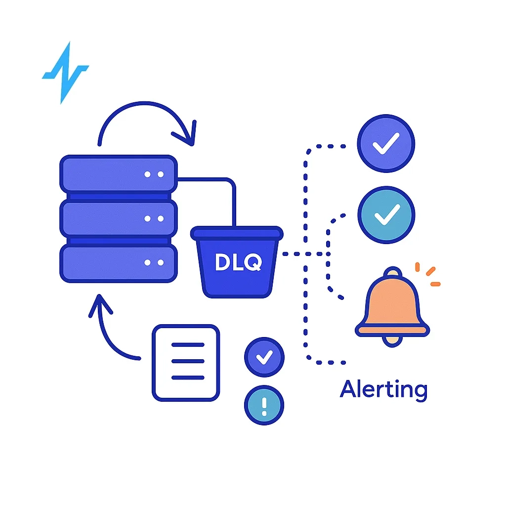 Message queues with retry loops, dead-letter bin, validation icons and an alert bell ensuring reliable data processing.