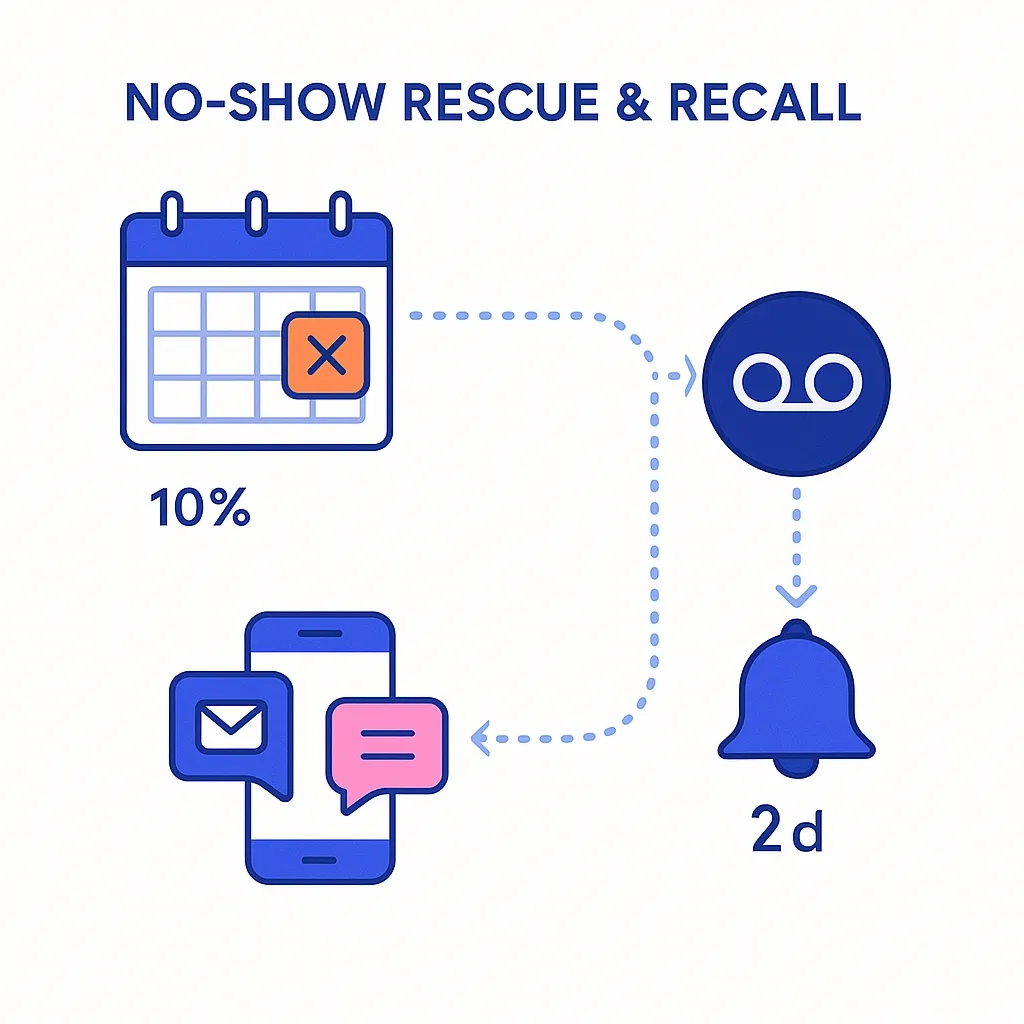Calendar with missed appointment sending rescheduling messages and voicemail fallback to reduce no-show rates.