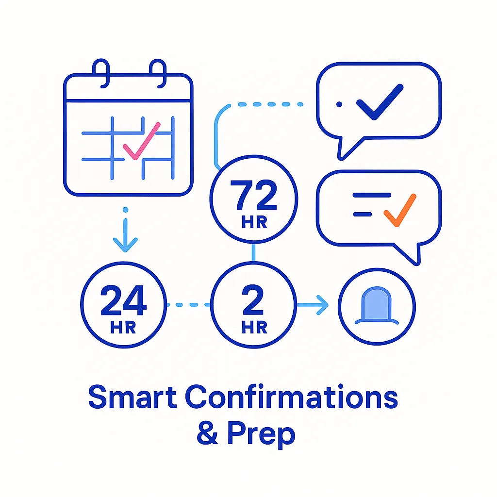 Timeline with reminders at 72, 24 and 2 hours before a visit, chat bubbles for confirmations and prep checklists.
