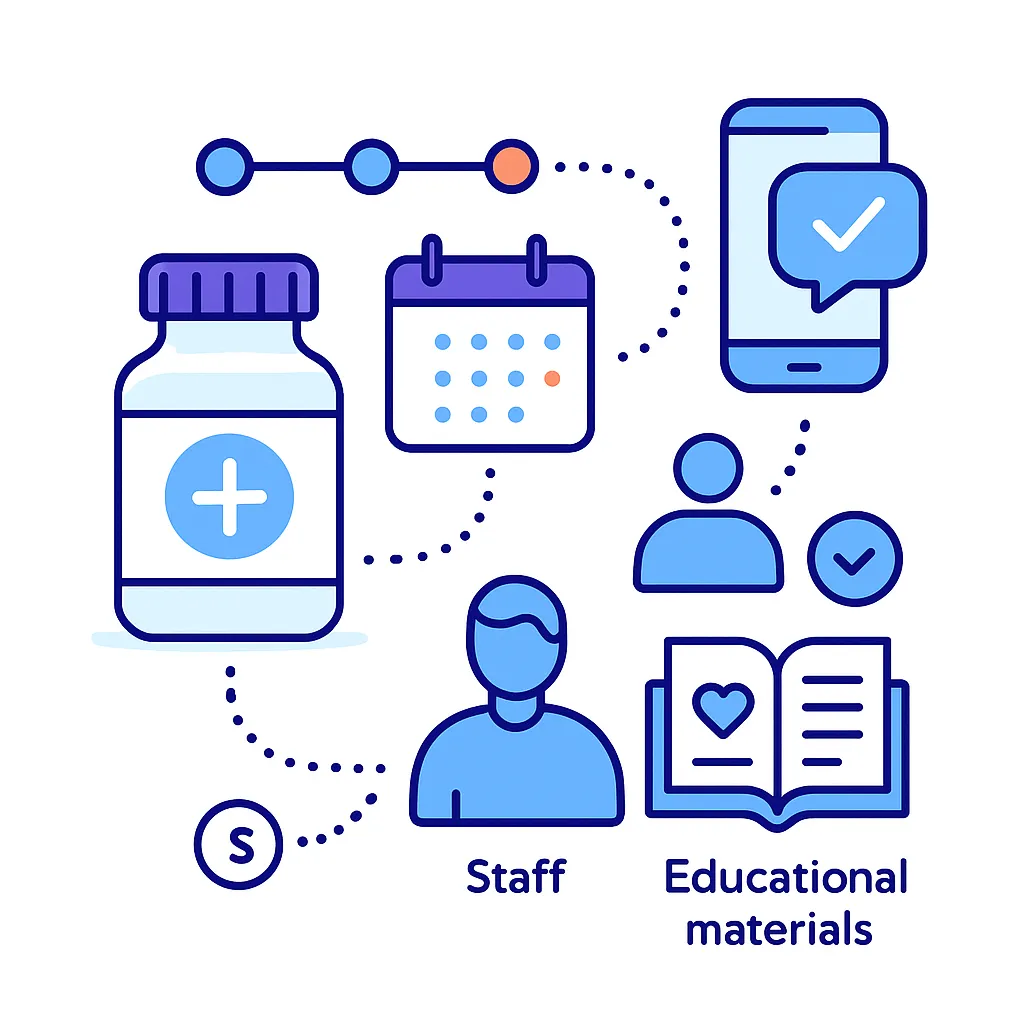 Medication bottle with refill timeline, reminders via phone, escalation to staff and educational material icons.