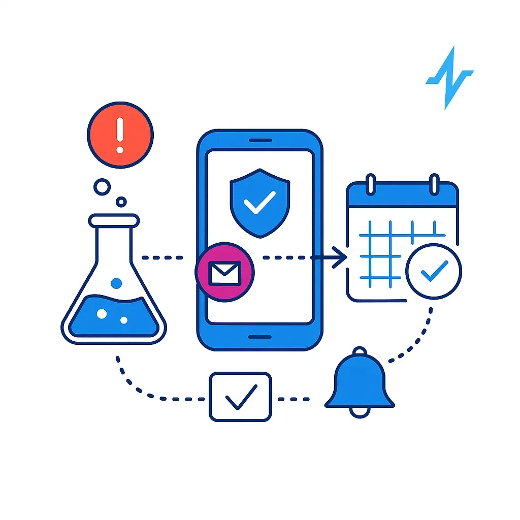 Lab test result triggers secure portal notification leading to scheduled follow-up appointment with urgency indicator.