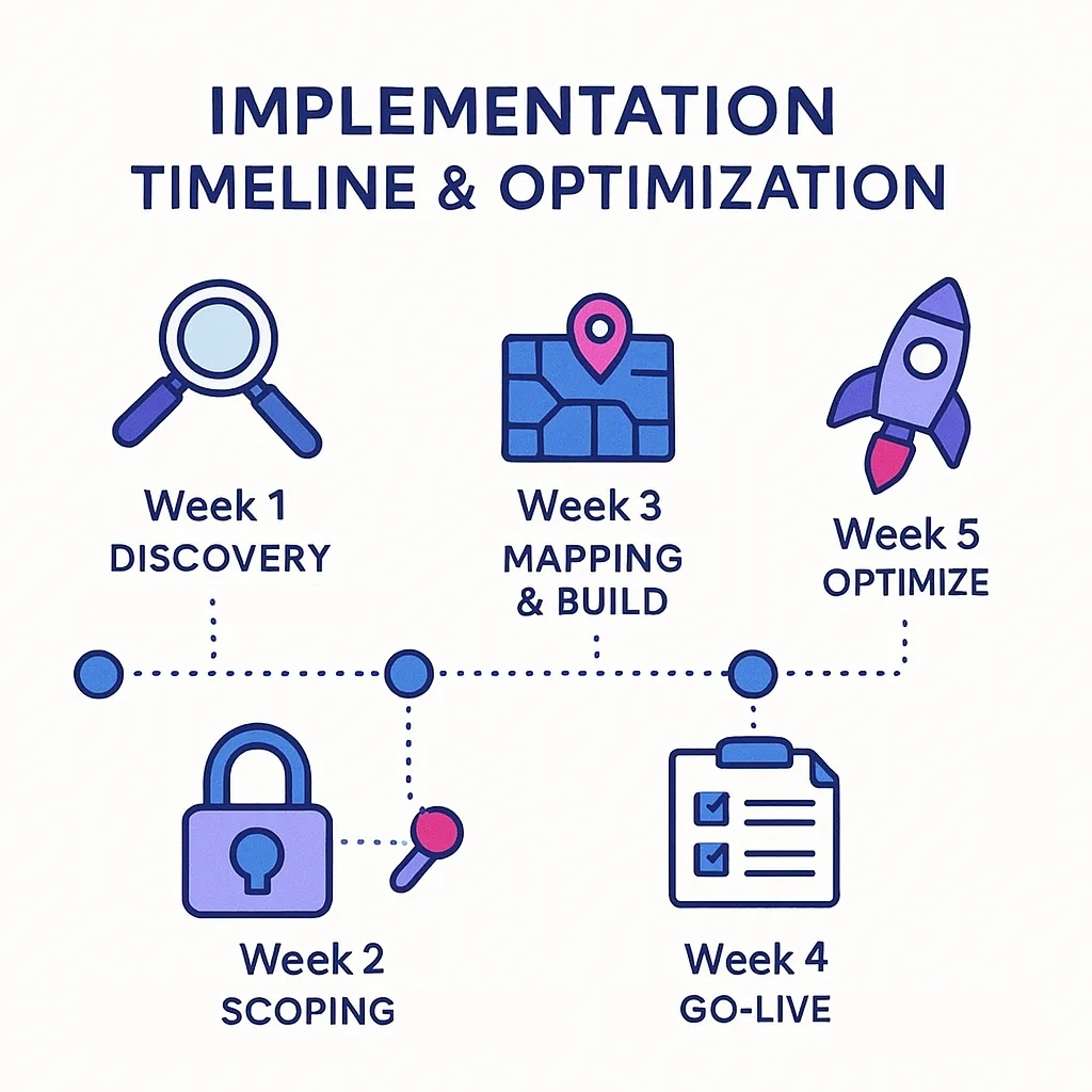 Timeline showing phases: discovery, mapping and build, QA and UAT, and go-live with icons for each stage.