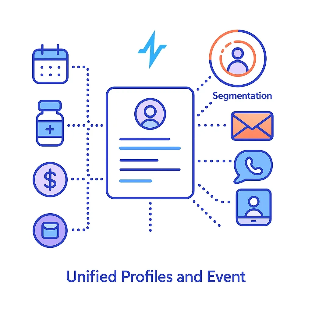 Patient profile card integrating appointments, medications, balances and segmentation to trigger personalized communications.