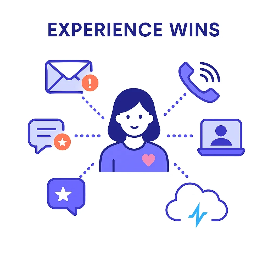 Woman surrounded by email, phone and portal icons receiving personalized communications along her care journey.