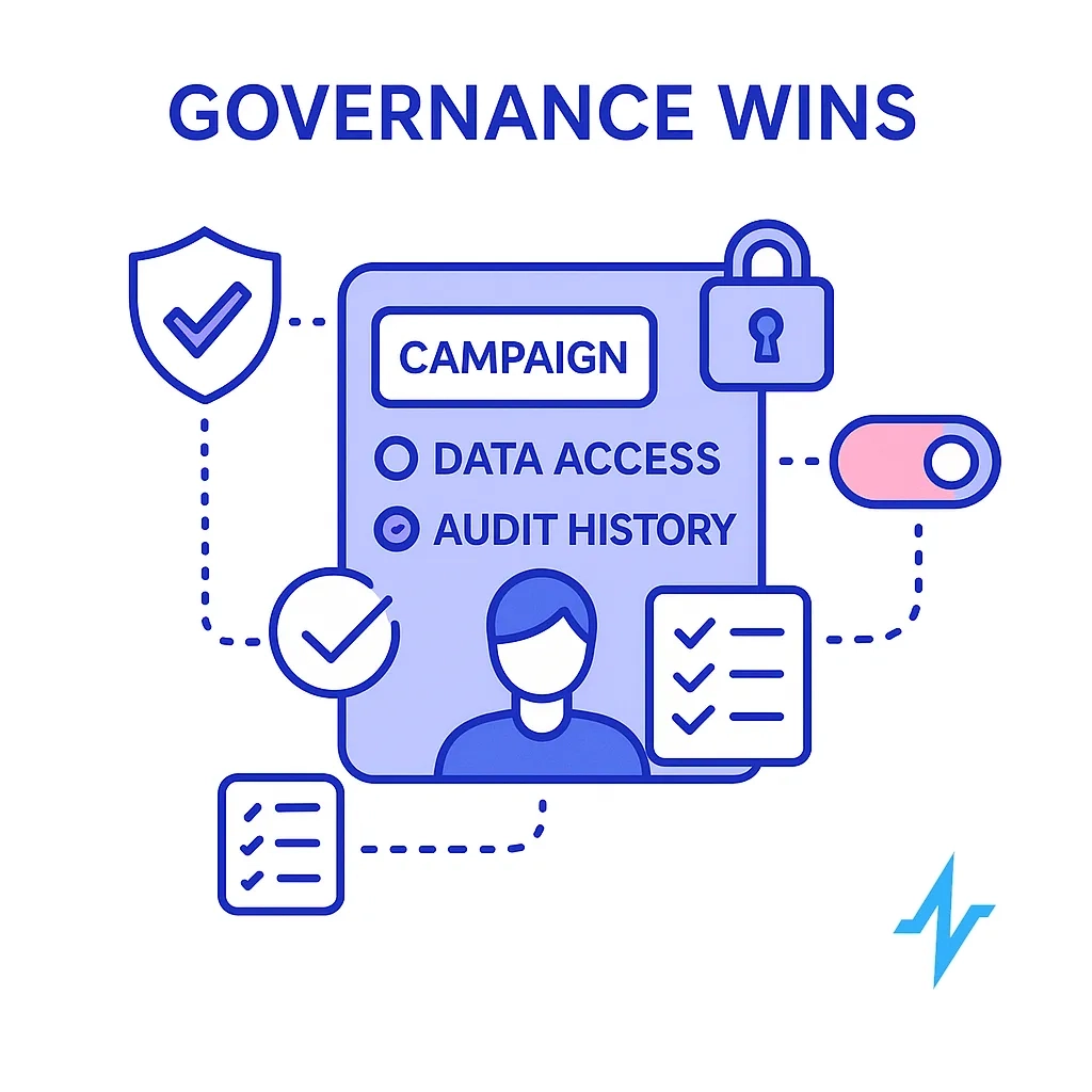 Secure dashboard with shield, lock and consent toggles representing unified campaigns, data access and audit history.