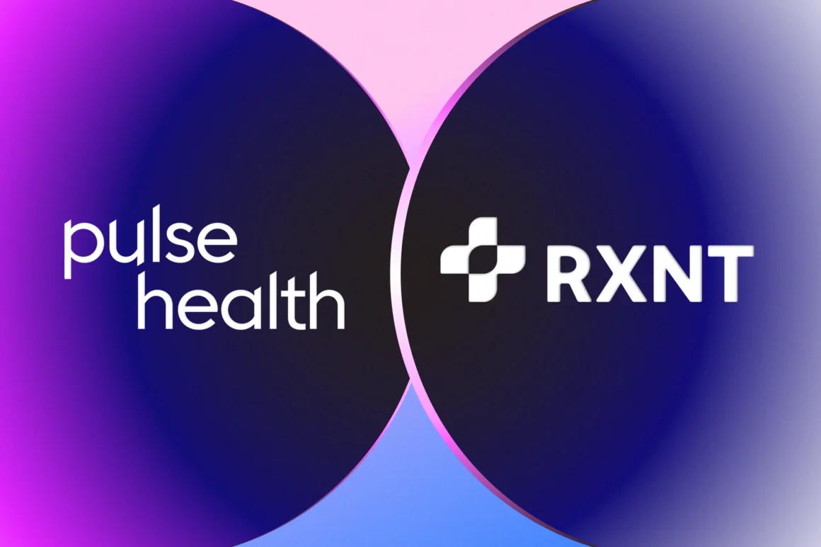 Pulse Health and RXNT logos displayed side by side on a vibrant gradient background, symbolizing healthcare technology integration.