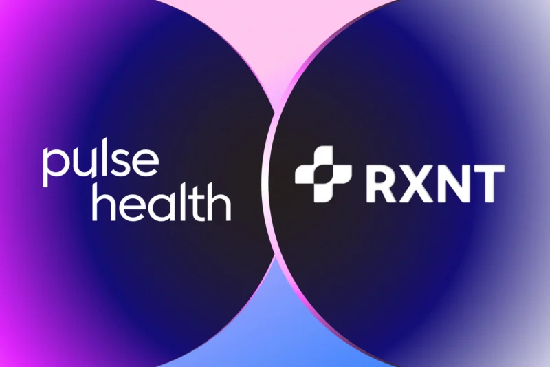 Pulse Health and RXNT logos displayed side by side on a vibrant gradient background, symbolizing healthcare technology integration.