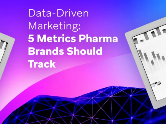 Two tablets showing charts flank a purple gradient and a digital network mesh illustration; headline reads “Data-Driven Marketing: 5 Metrics Pharma Brands Should Track.”