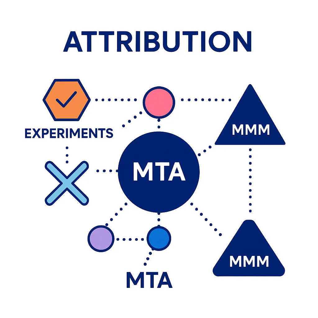 Triangular diagram connecting experiments, multi-touch attribution and marketing mix modeling illustrates layered attribution.