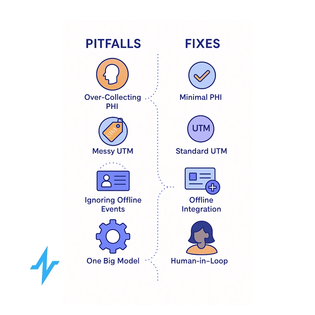 Split illustration contrasts over collecting PHI and messy UTM tags with structured fixes and improved metrics.