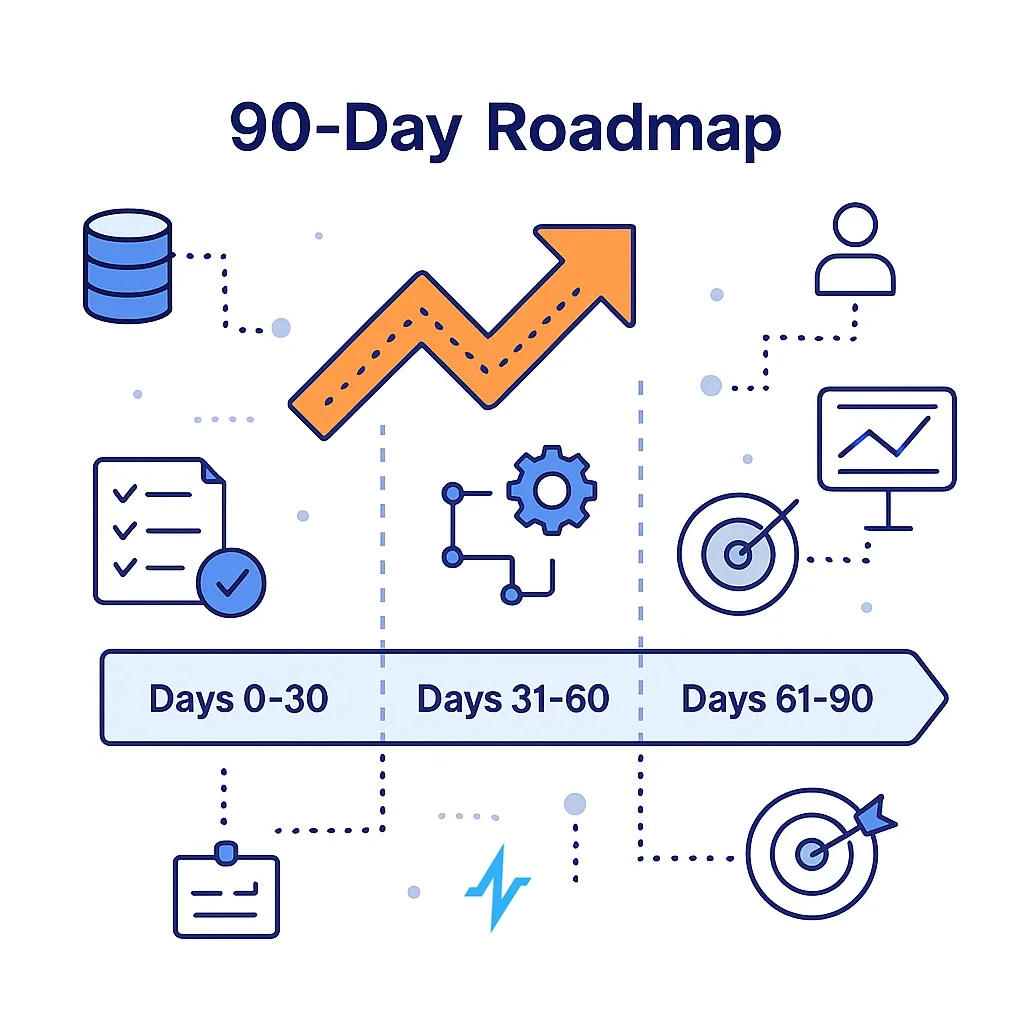 Timeline with checkpoints for days 0 to 90 outlines tasks from data audit to identity stitching and measurement.