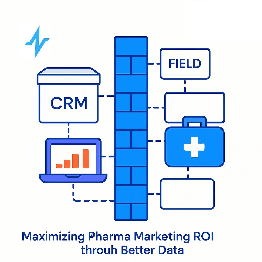 Multiple compartments with disconnected dotted lines illustrate isolated data silos across systems harming ROI.