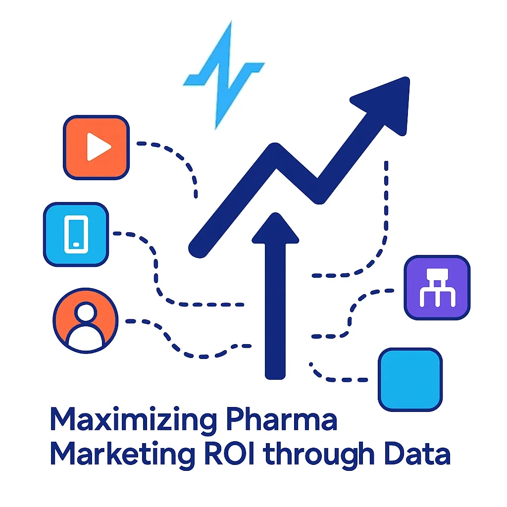 Central database hub links via dotted lines to CDP, HCP profiles, graphs and medication icons representing unified data.