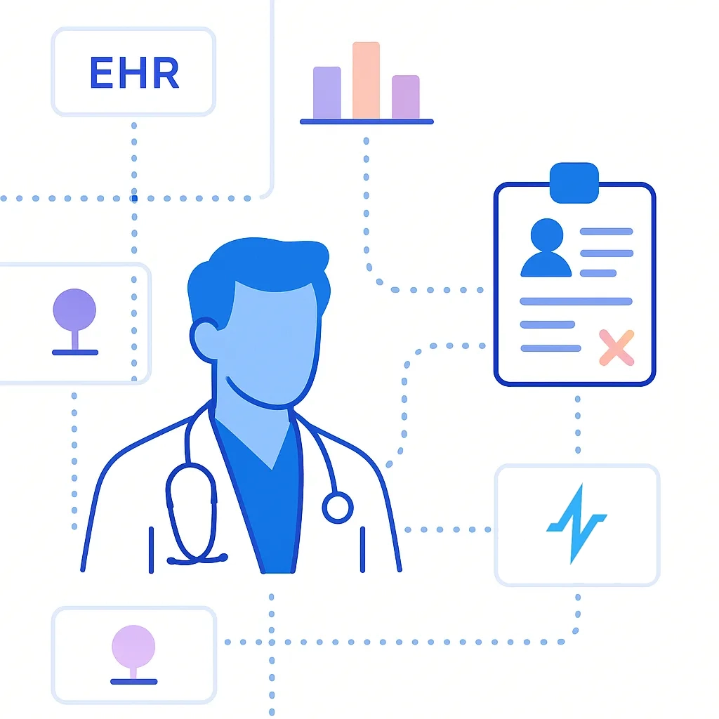 Healthcare provider icons with missing puzzle pieces and incomplete ID badges highlight gaps in NPI and HCO mapping.