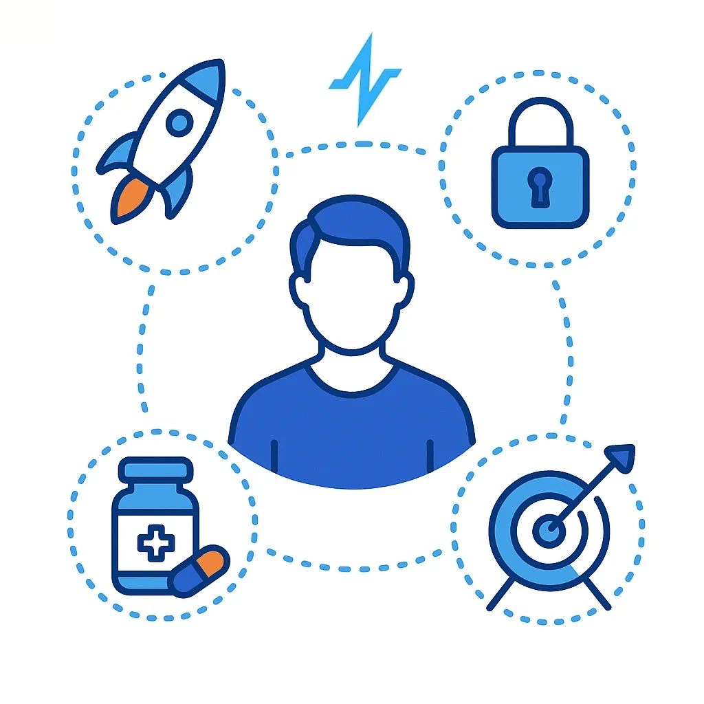 Patient centered with rocket, lock, medicine bottle and target icons linked by dotted lines for launch, access, adherence and outcomes.