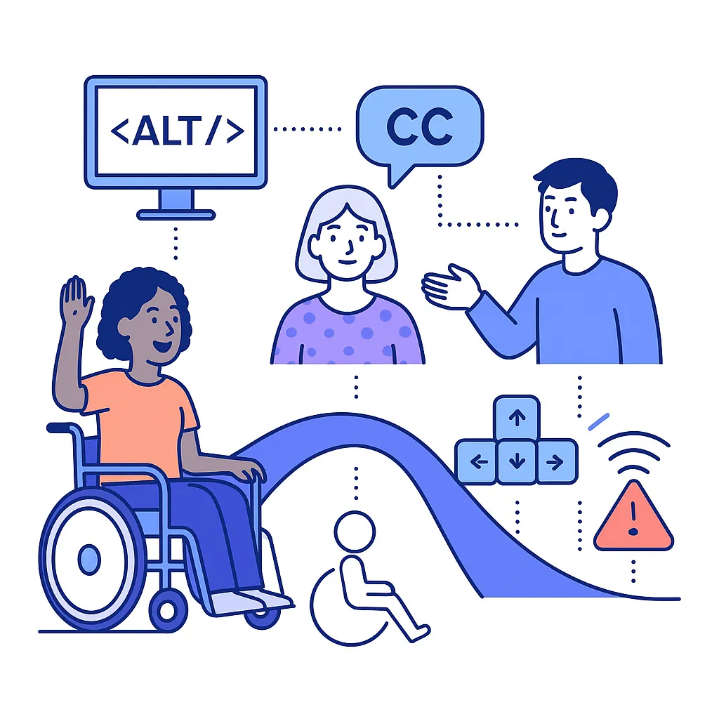Diverse individuals using accessible devices connected by dotted lines to a bridge and icons for captions, navigation and connectivity.