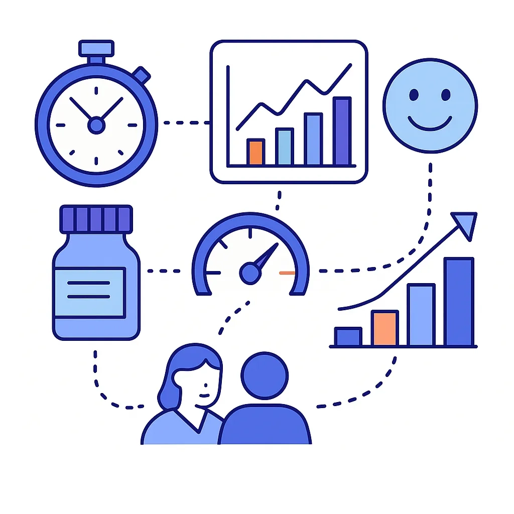 Row of circles connected by dotted lines with icons for heart, user, chart, A/B testing and growth indicating iterative improvement.