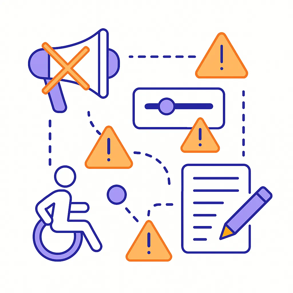 Warning triangles, no megaphone, wheelchair and document icons linked by dotted lines to indicate risks and pitfalls to avoid.