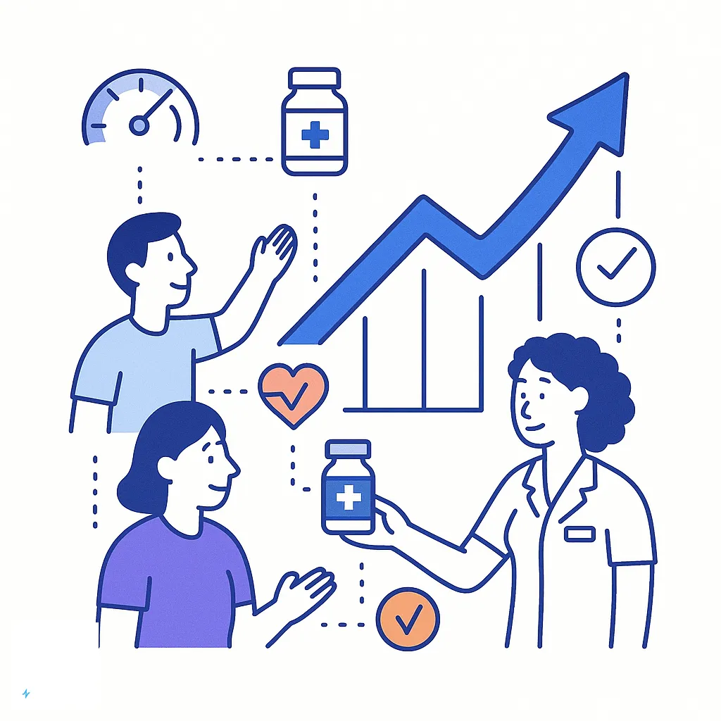 Chart with upward arrow and people receiving medicine illustrating faster therapy, improved adherence and positive outcomes.