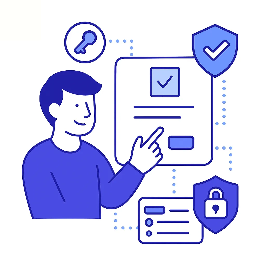 Person interacting with a digital consent form surrounded by shield and lock icons symbolizing role-based access and audit trails.