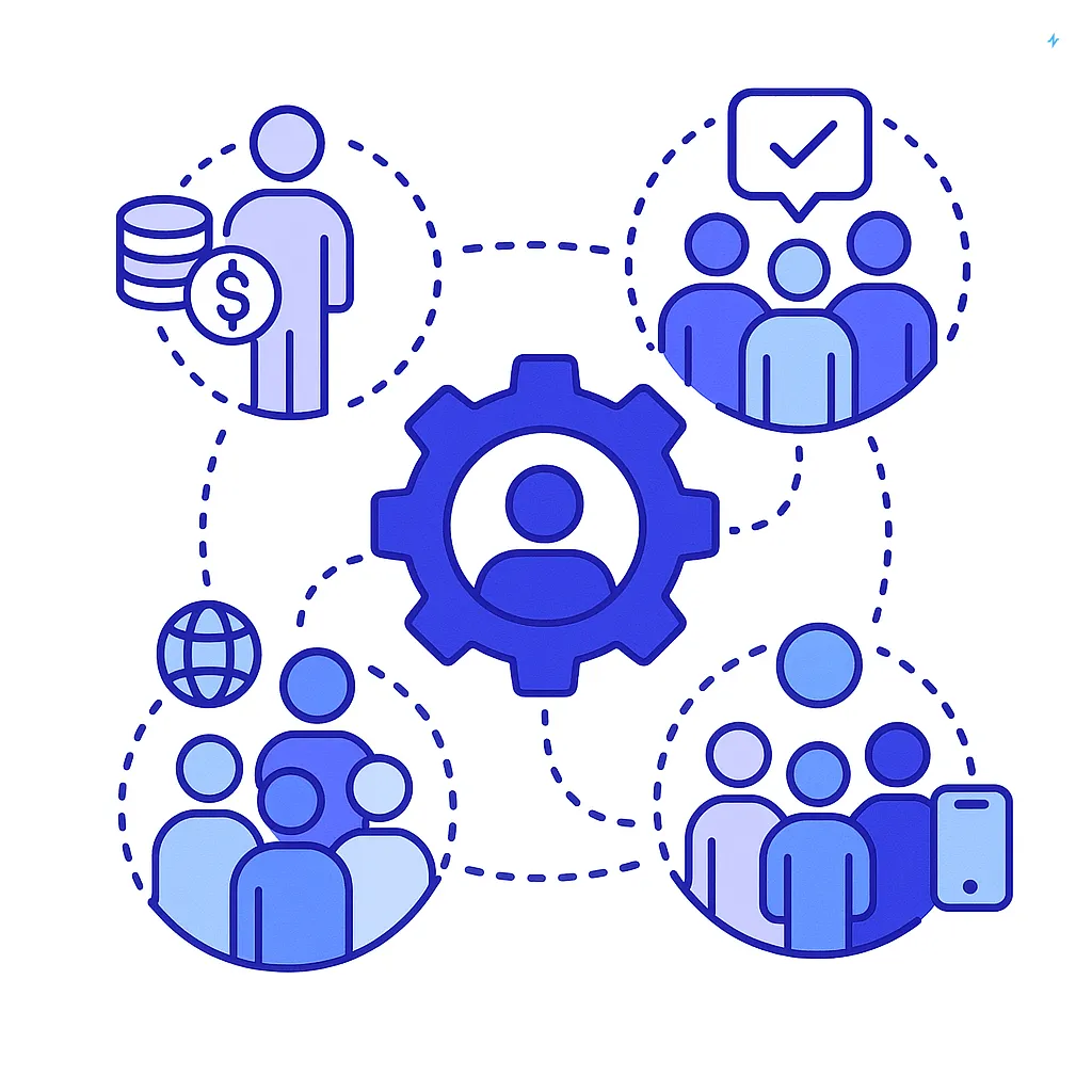 Central gear icon linked by dotted lines to diverse persona clusters with symbols representing affordability, community and digital comfort.