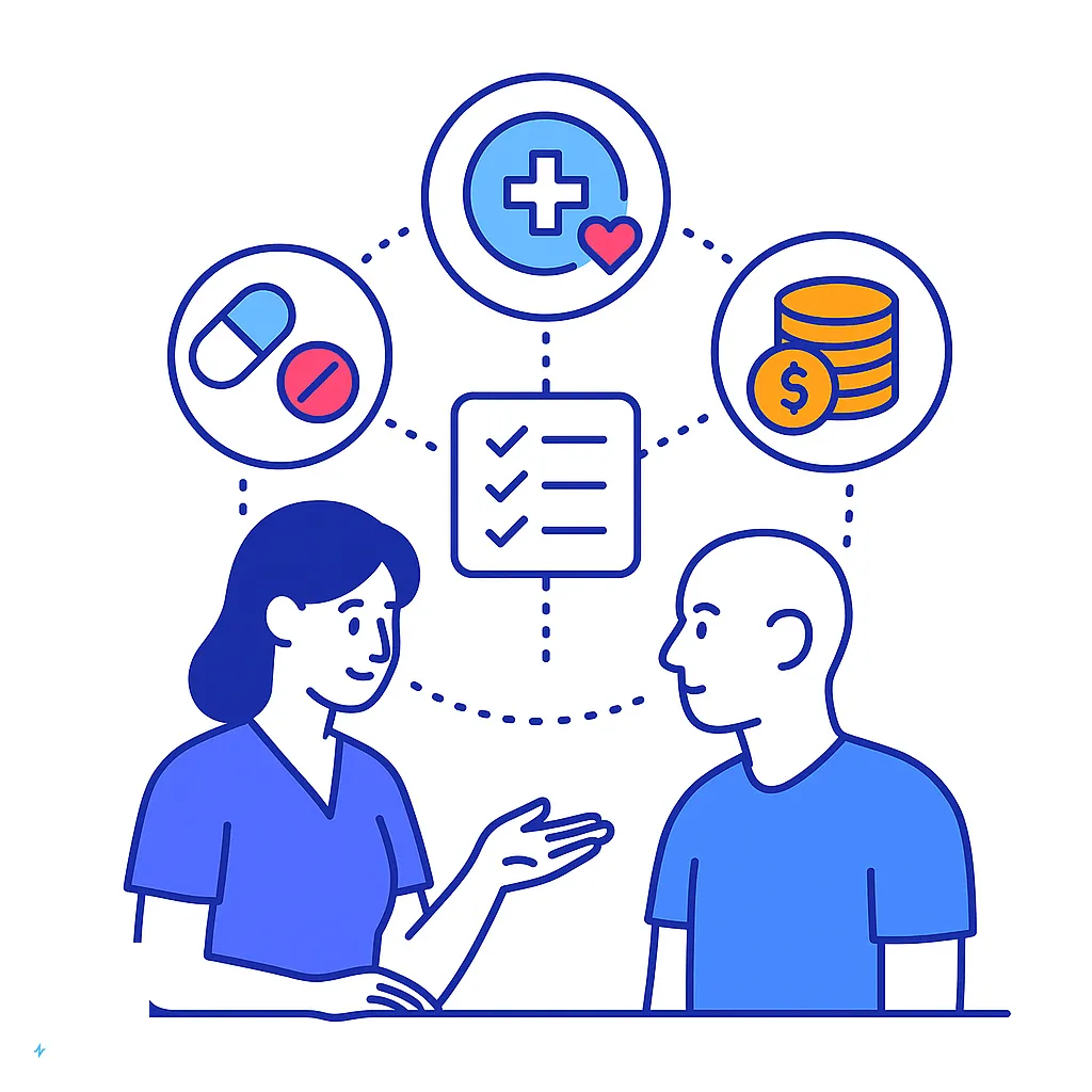 Healthcare professional guiding a patient with pill, checklist and coin icons for coaching, guidance and cost options.
