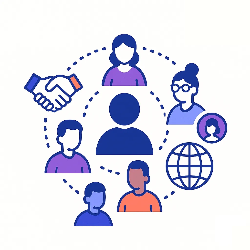 Diverse group of people connected in a circle with handshake and globe icons representing partnership and community trust.