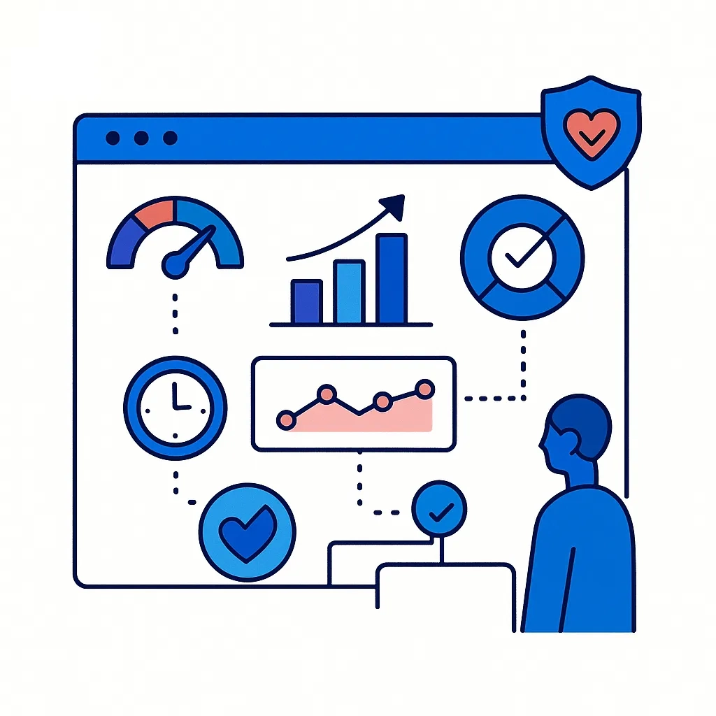 Dashboard with gauges, charts and heart icon linked by dotted lines to represent therapy time, persistence and patient experience.