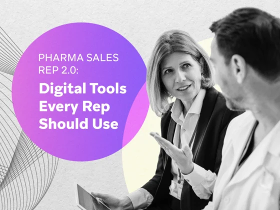 Two healthcare professionals talking while one holds a tablet; a purple circular graphic overlays the left with the headline “Pharma Sales Rep 2.0: Digital Tools Every Rep Should Use.”