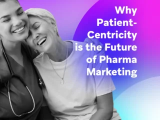 Healthcare worker hugging a smiling older patient on a purple-blue gradient background with the headline “Why Patient-Centricity is the Future of Pharma Marketing.”
