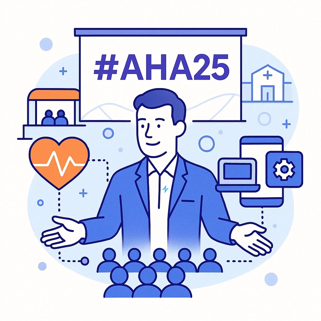 Illustration combining a conference hall with digital heart health and technology icons connected by dotted lines.