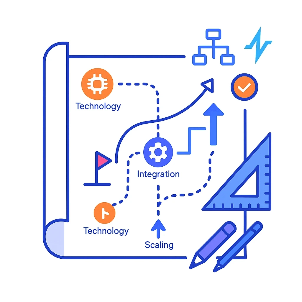 Blueprint style roadmap with dotted paths from key icons to action items and a laptop representing planning.