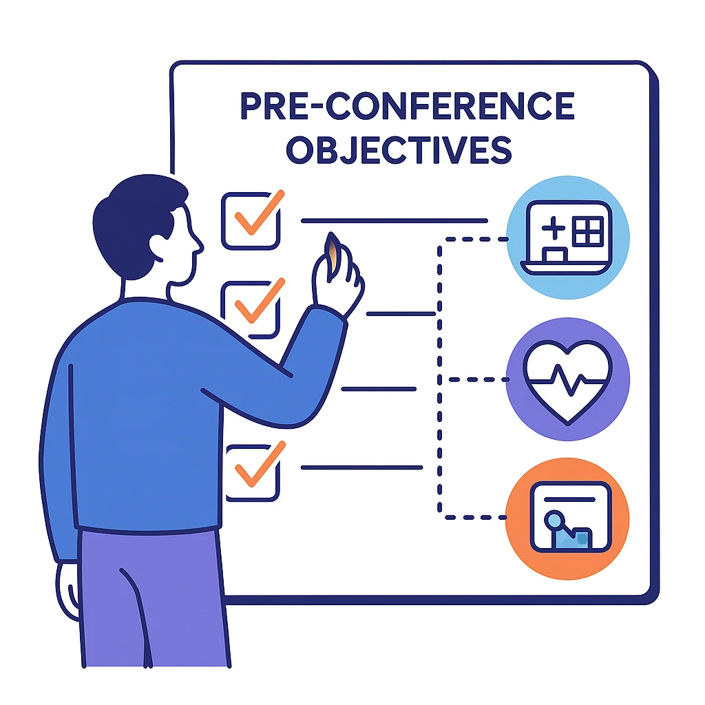 Person pointing at a board of checklists and connected devices representing pre conference objectives.