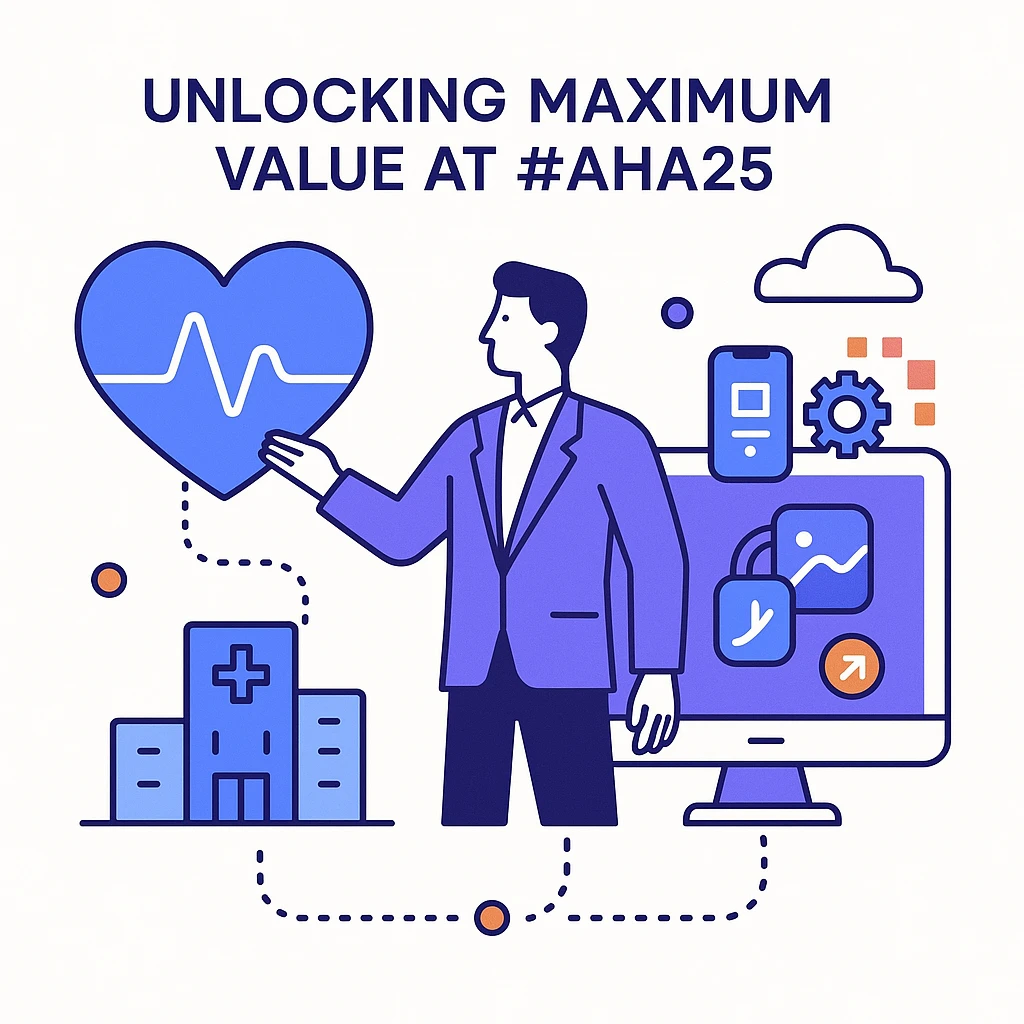 Person planning conference sessions and vendor visits on a map with dotted paths and location markers.