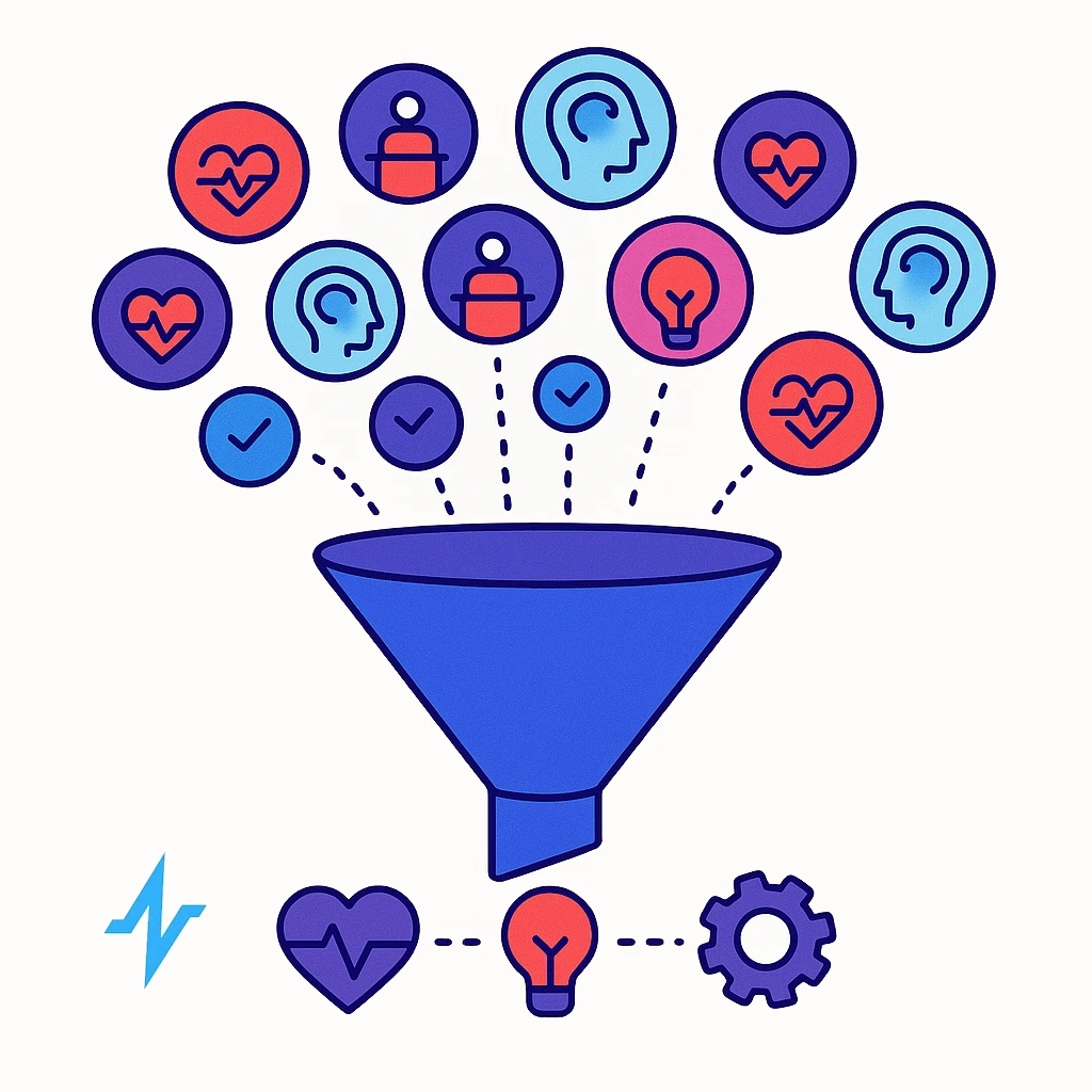 Digital devices and heart icons connected by dotted lines illustrating pre conference engagement messaging.