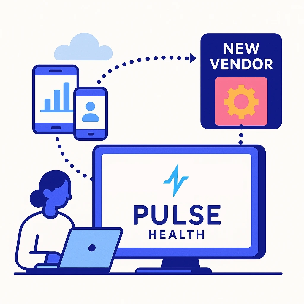 Laptop labeled Pulse Health connecting via dotted lines to a phone, envelope and smartwatch showing data integration.