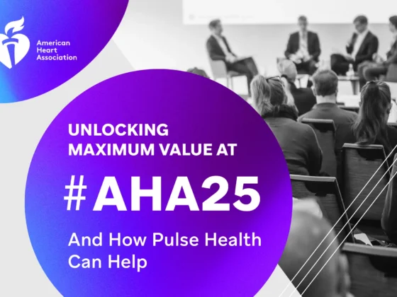 Attendees seated at a conference panel with overlay text promoting Pulse Health’s presence and support for maximizing value at the AHA25 event.