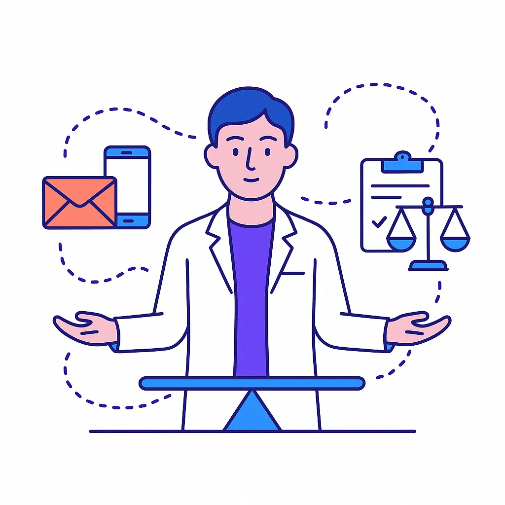 Modern illustration of a marketer balancing email and SMS with compliance symbols and dotted lines.