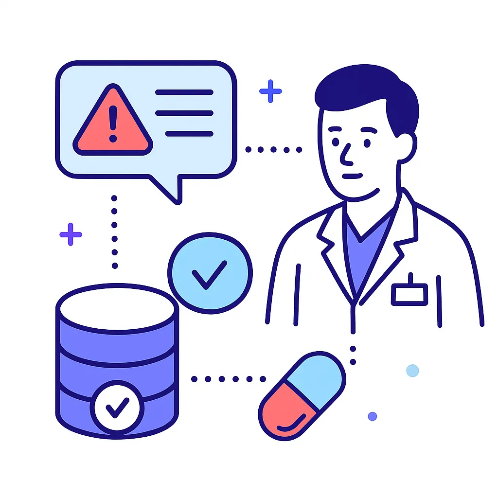 Healthcare professional with alert speech bubble, pill, and database icons connected by dotted lines.