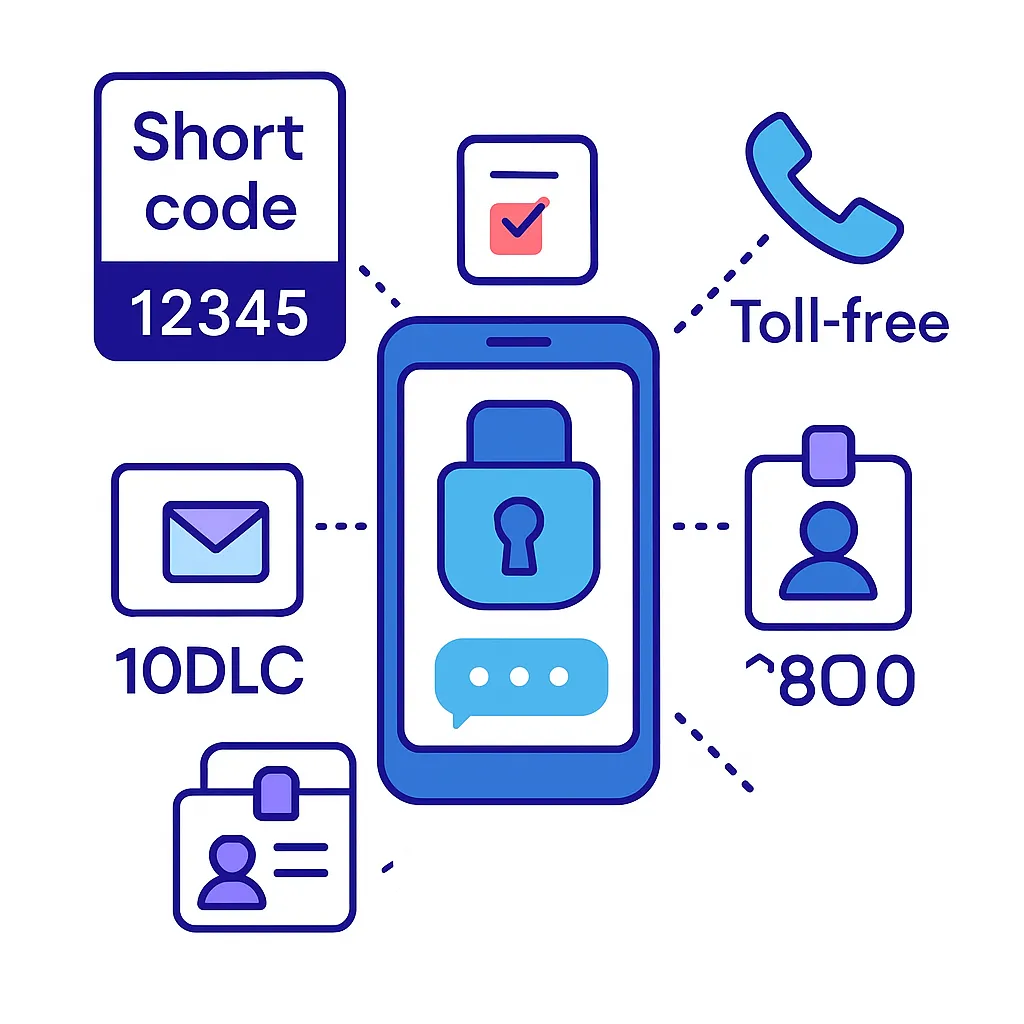 Smartphone connected to short code, 10DLC, and toll‑free icons with a registration checkmark.