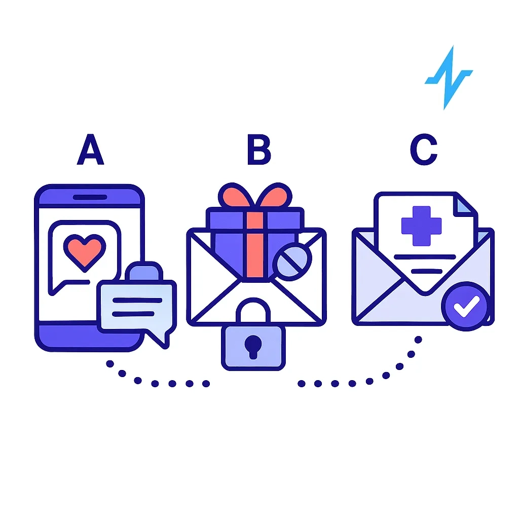Three circular panels labeled A and B showing patient service, promotional, and HCP messaging icons connected by dotted lines.