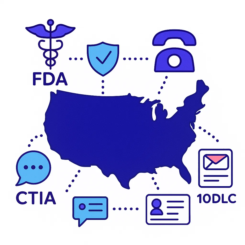 Map of the United States surrounded by icons for FDA, HIPAA, TCPA, CAN‑SPAM, CTIA, and 10DLC with dotted connectors.