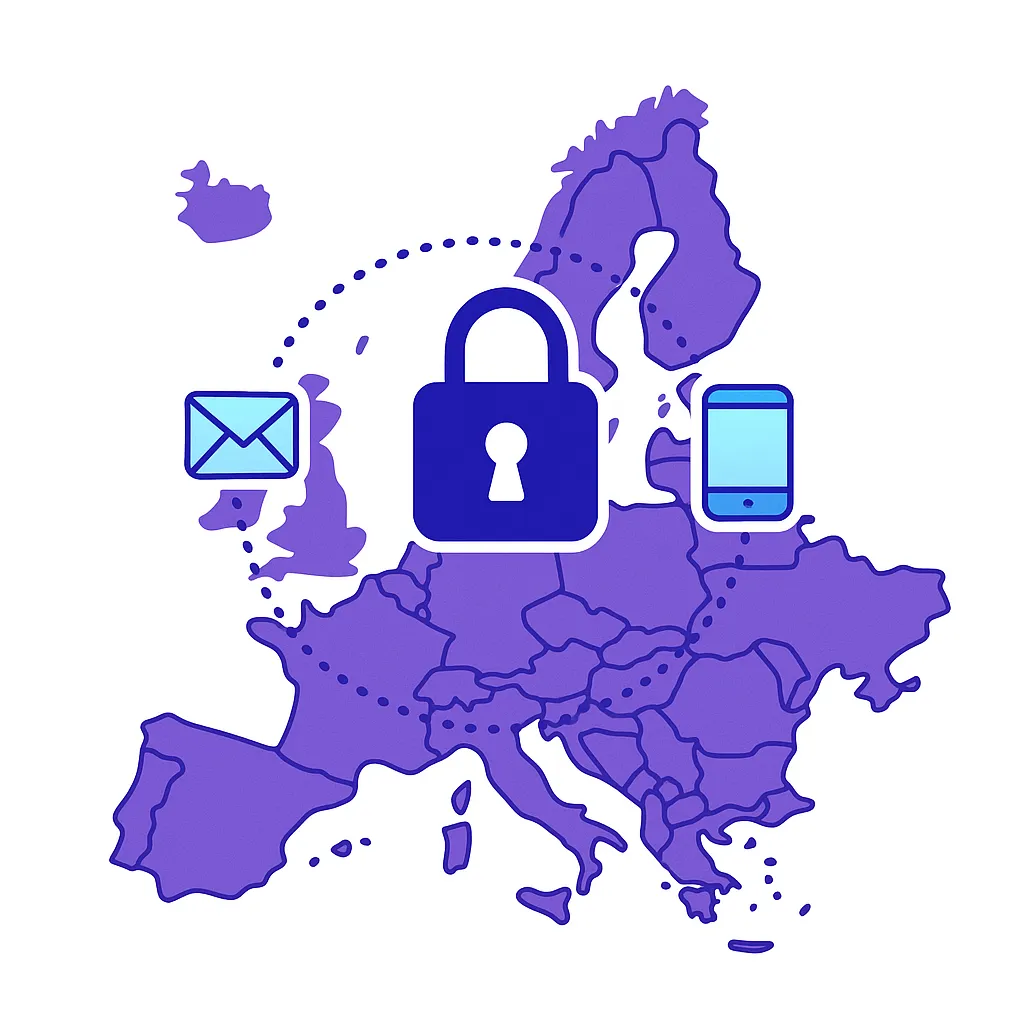 Europe map with padlock, envelope, and phone icons connected by dotted lines, representing GDPR and PECR compliance.